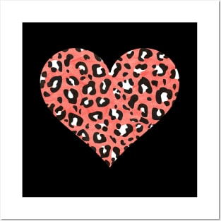 Coral, Black and White Leopard Print Heart Posters and Art
